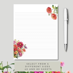 May include: White lined notepad with floral corner accents and a white pen. The notepad features a watercolor design of red, pink, and yellow flowers. The text at the bottom reads "SELECT FROM 5 DIFFERENT SIZES 40 AND 80 SHEETS."