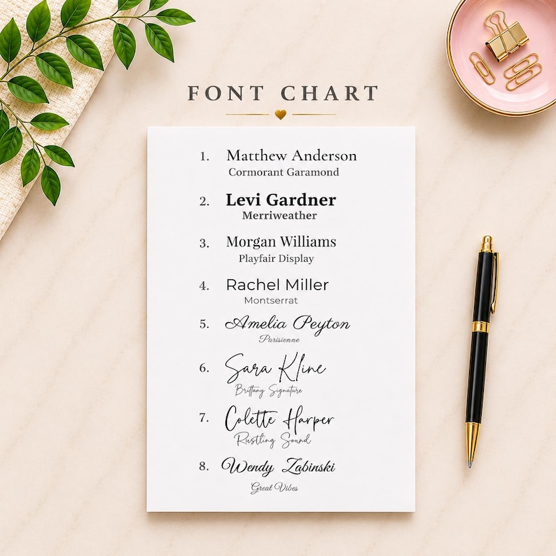 a white paper with a list of names and titles, along with a pen and a small bowl of clips, all placed on a beige surface.