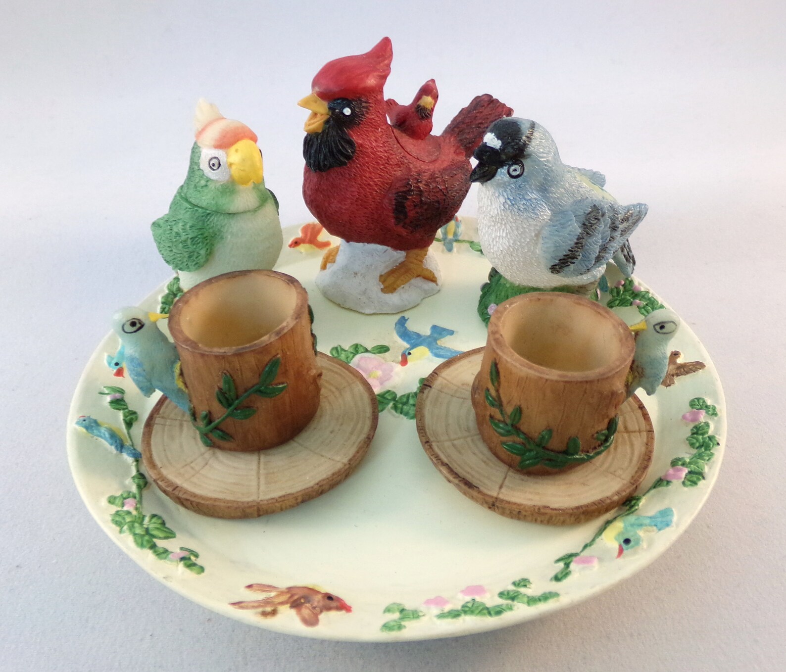 Vintage Mini Bird Tea Set Polyrein Animal Tea Set Red Bird Parrot Blue