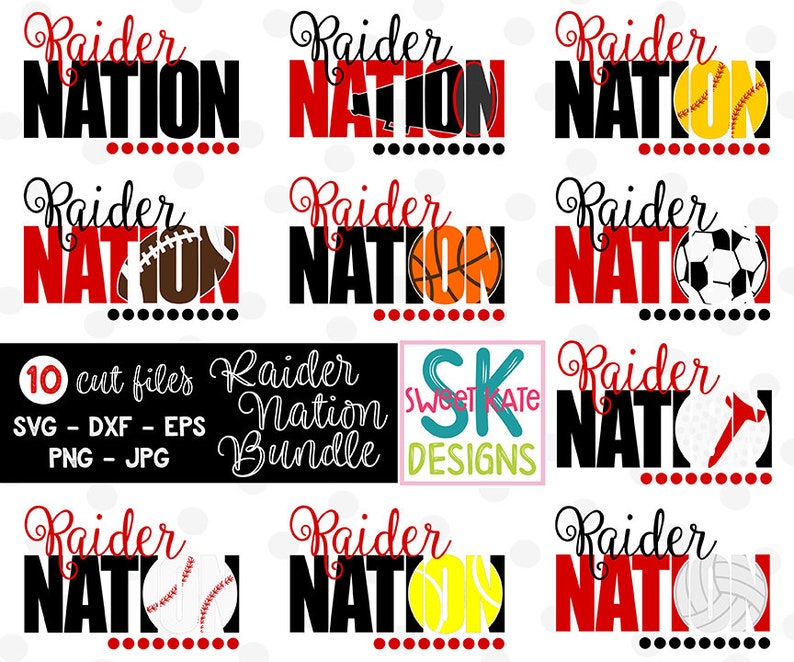 Raider Nation SVG Bundle, football, soccer, volleyball, baseball, tennis, cheer, htv, cricut svg, silhouette cut file, Sweet Kate Designs image 1