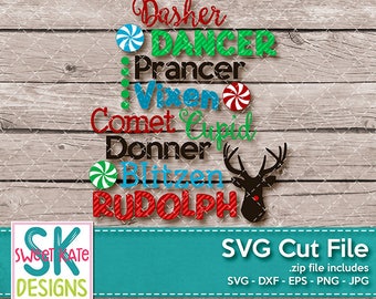 Reindeer Names SVG dxf EPS png JPG htv Heat Transfer Vinyl Cricut Silhouette Die Cut Christmas Rudolph Dasher Dancer Sweet Kate Designs