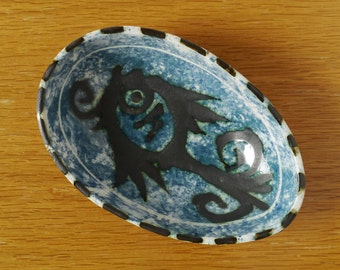Vintage Celtic Studio Pottery Dish, Folk Design; Retro 1960s / 70s Mike Fisher Cornish Art Pottery Newlyn Abstract Bird Ceramic Bowl