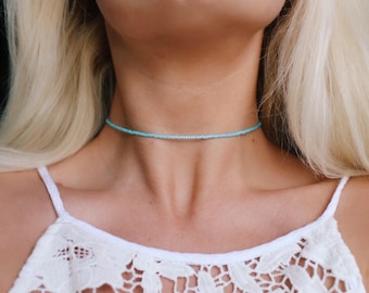 Dainty Blue Opal Beaded Choker Necklace