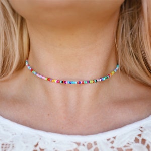 Dreamy Bohemian Rainbow Seed Beaded Choker Necklace / rainbow beaded jewelry / pride necklace