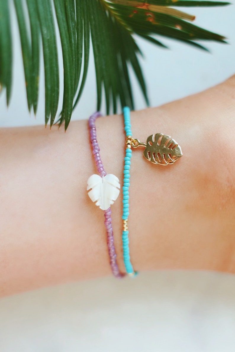 Vintage Opal Mother of Pearl Monstera Palm Leaf Beaded Anklet image 7