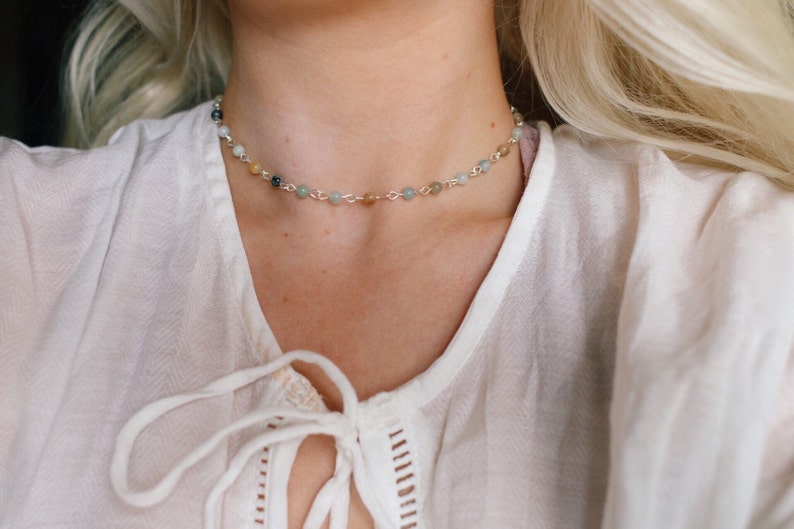 Amazonite Gemstone Adjustable Beaded Choker Necklace, Boho Jewelry, Beach Wear, Beaded Necklace, Bohemian Style image 1