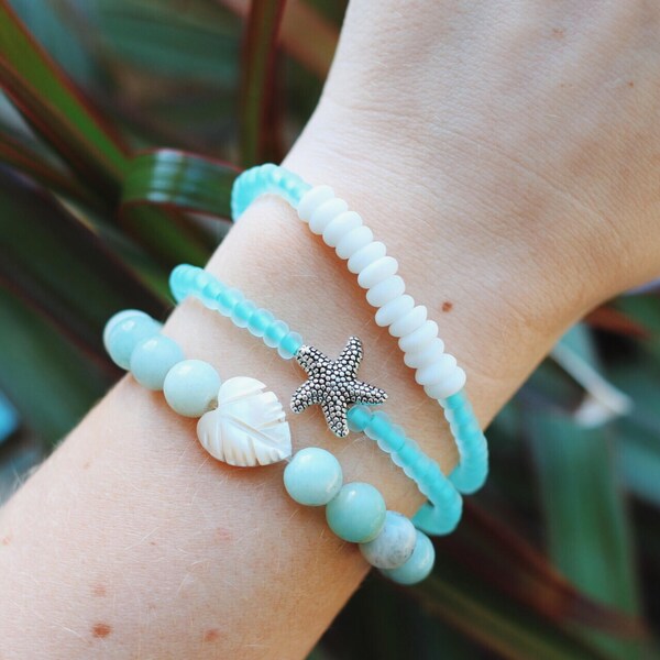 Amazonite Mother of Pearl Palm Leaf Beaded Bracelet image 3