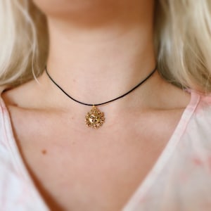 Golden Winking Sun Cotton Choker Necklace, Boho Jewelry, Hippie Necklace, Sun Charm, Adjustable Chokers