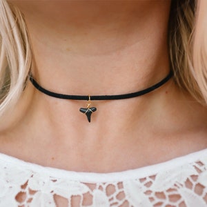 Black Vegan Suede Fossil Shark Tooth Choker Necklace