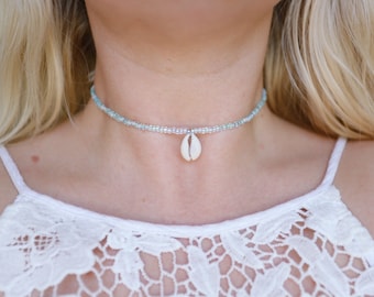 Seafoam Sea Shell Beaded Choker Necklace