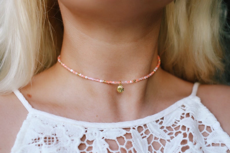 Sunkissed Peach Sea Shell Beaded Choker Necklace image 3
