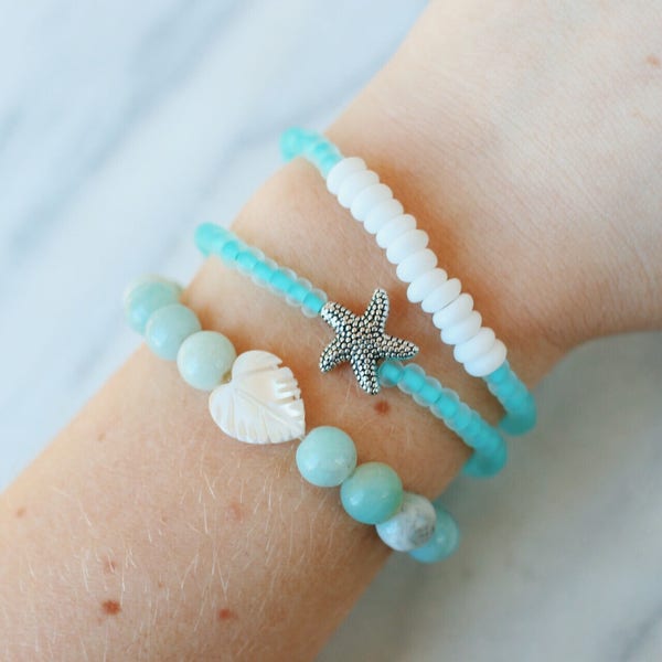 Amazonite Mother of Pearl Palm Leaf Beaded Bracelet image 1