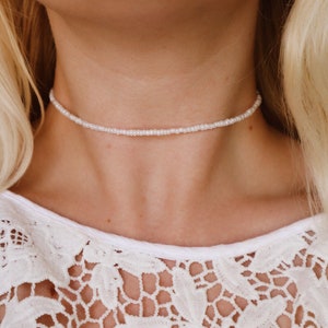 Coconut Luster White Glass Beaded Choker Necklace / Beach Jewelry /
