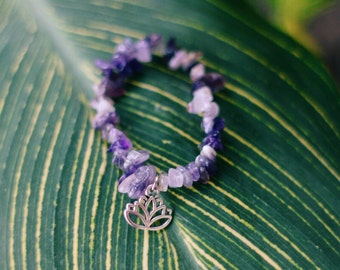Amethyst Glass Chip Bracelet/Anklet with Lotus Flower Charm