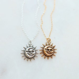 Sun and moon necklace, dainty celestial necklace, gold charm / matching necklace set / friendship necklaces