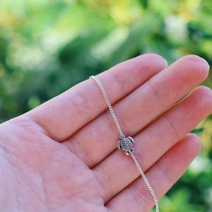 Pu&ograve; includere: Una collana a catena d'argento con un piccolo ciondolo a forma di tartaruga. La collana &egrave; tenuta in una mano su uno sfondo verde.