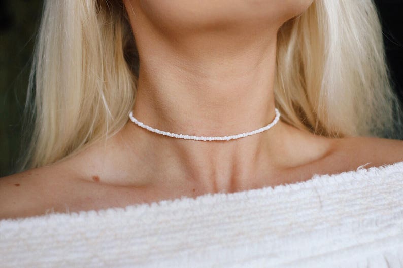 Coconut White Glass Beaded Choker Necklace / Beach Jewelry / trendy jewelry / fall jewelry / summer jewelry / chokers / boho necklace image 1