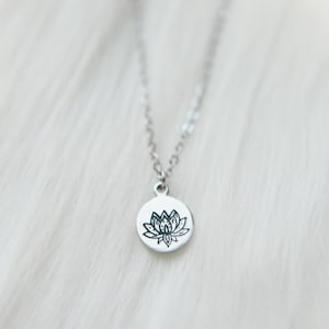 Hand Stamped Lotus Flower Necklace - Stainless Steel 18 Inch Chain