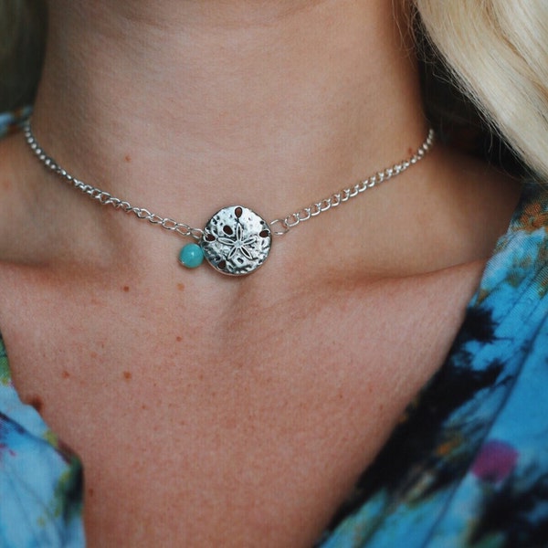 Sand Dollar & Sea Glass Choker Necklace, Beach Jewelry, Handmade Adjustable Choker