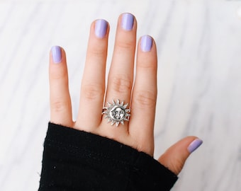Sun and Moon Adjustable Silver Ring, Midi Rings, Silver Plated, Celestial Rings