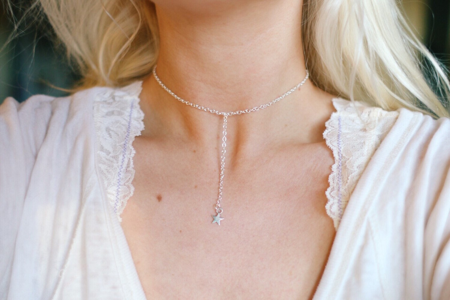 Drop Choker Simple Silver Star Drop Choker Necklace | Etsy