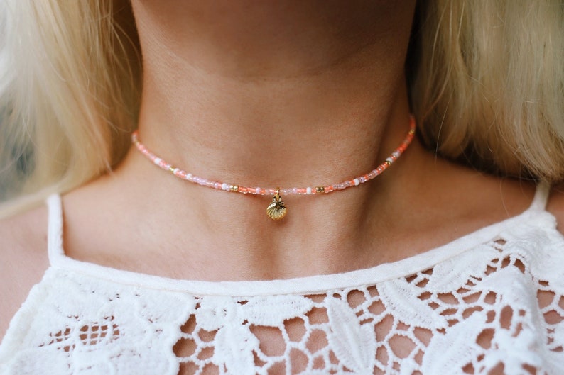 Sunkissed Peach Sea Shell Beaded Choker Necklace image 1