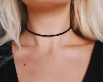 Frosted Black Matte Glass Beaded Choker Necklace, handmade choker