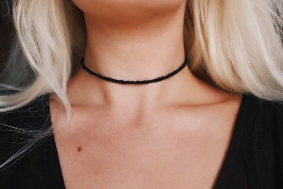 Frosted Black Matte Glass Beaded Choker Necklace Handmade Choker