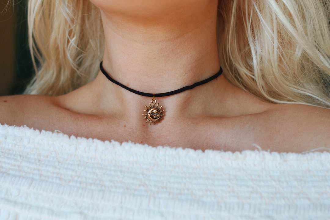 Celestial Sun & Moon Vegan Suede Choker Necklace - Etsy