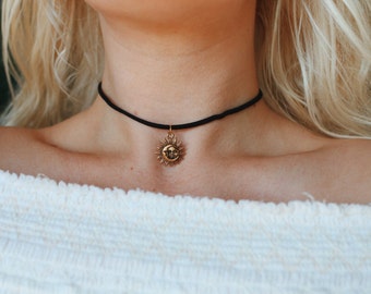 Celestial Sun & Moon Vegan Suede Choker Necklace