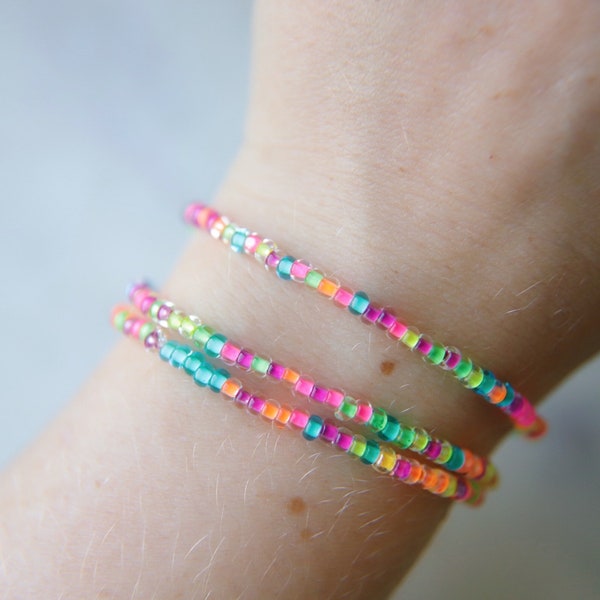 Neon Rainbow Seed Beaded Bracelet Stack Set