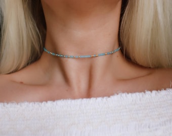 West Coast Metalic Gold And Frosted Aqua Beaded Choker Necklace