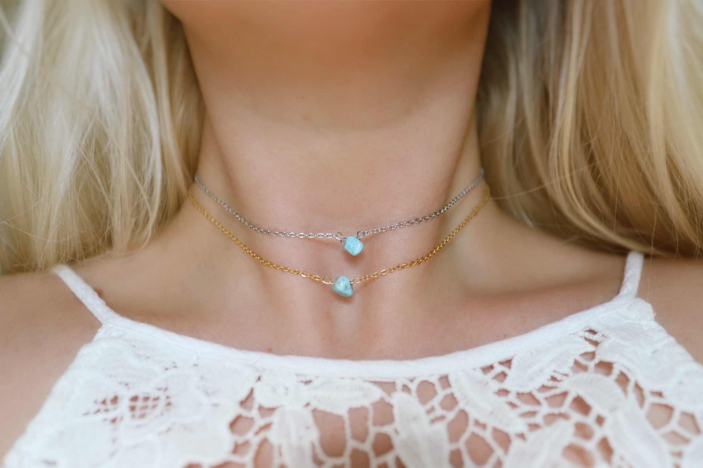 Larimar Dainty Stone Choker Necklace