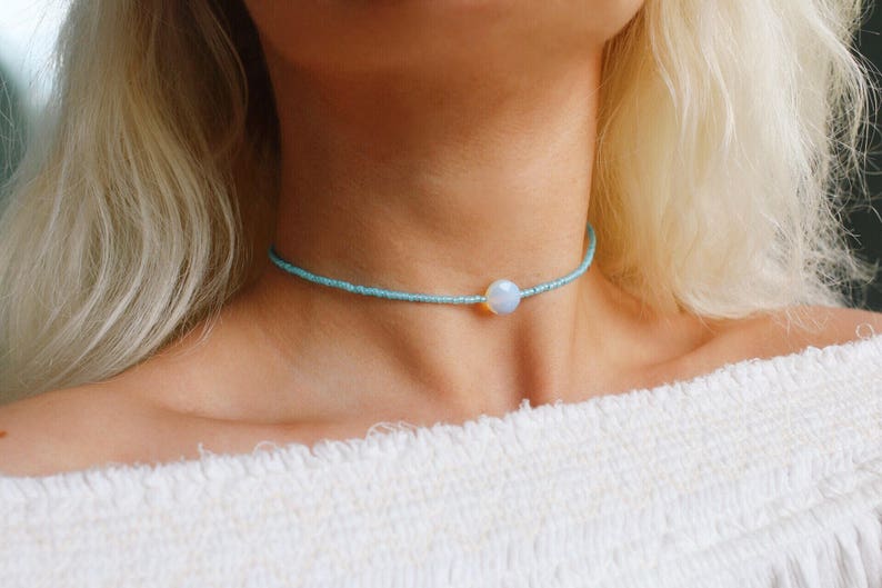 Aqua Opal Glass Beaded Choker Necklace Beach Jewelry Handmade Choker