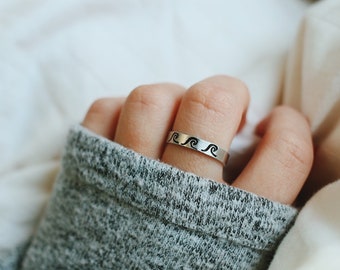 Ocean Waves Hand Stamped Adjustable Ring