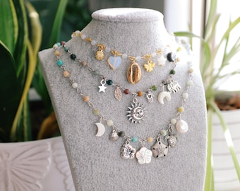 Personalized Gemstone Beaded Charm Necklace: Gold or Silver, Custom Choker
