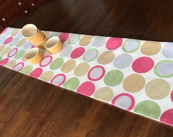 Pink, Green, Yellow and White Circle Pattern Chenille Jacquard Table Runner with Cotton Backing 13 1/2" x 87"