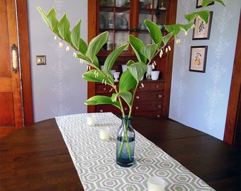 Sage Hexagon Geometric Pattern Linen Blend Table Runner 16 3/4" x 93 3/4"