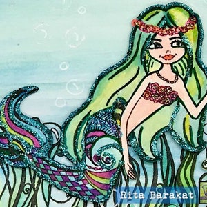 Floral Mermaid stamp, under the sea, fish, ocean,