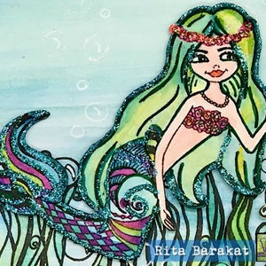 Floral Mermaid stamp, under the sea, fish, ocean, image 1