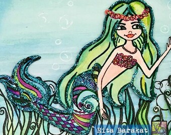 Floral Mermaid stamp, under the sea, fish, ocean,