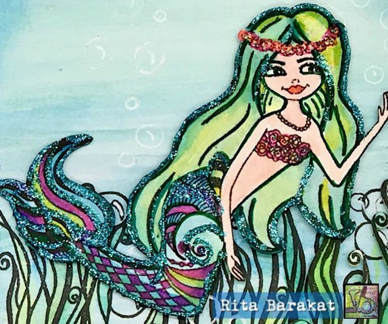 Floral Mermaid stamp, under the sea, fish, ocean, image 1