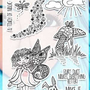 Fairy Magic stamp set, fairy stamps, magical stamps,  mushroom stamps, stars stamp, scrapbooking, card making, mixed media