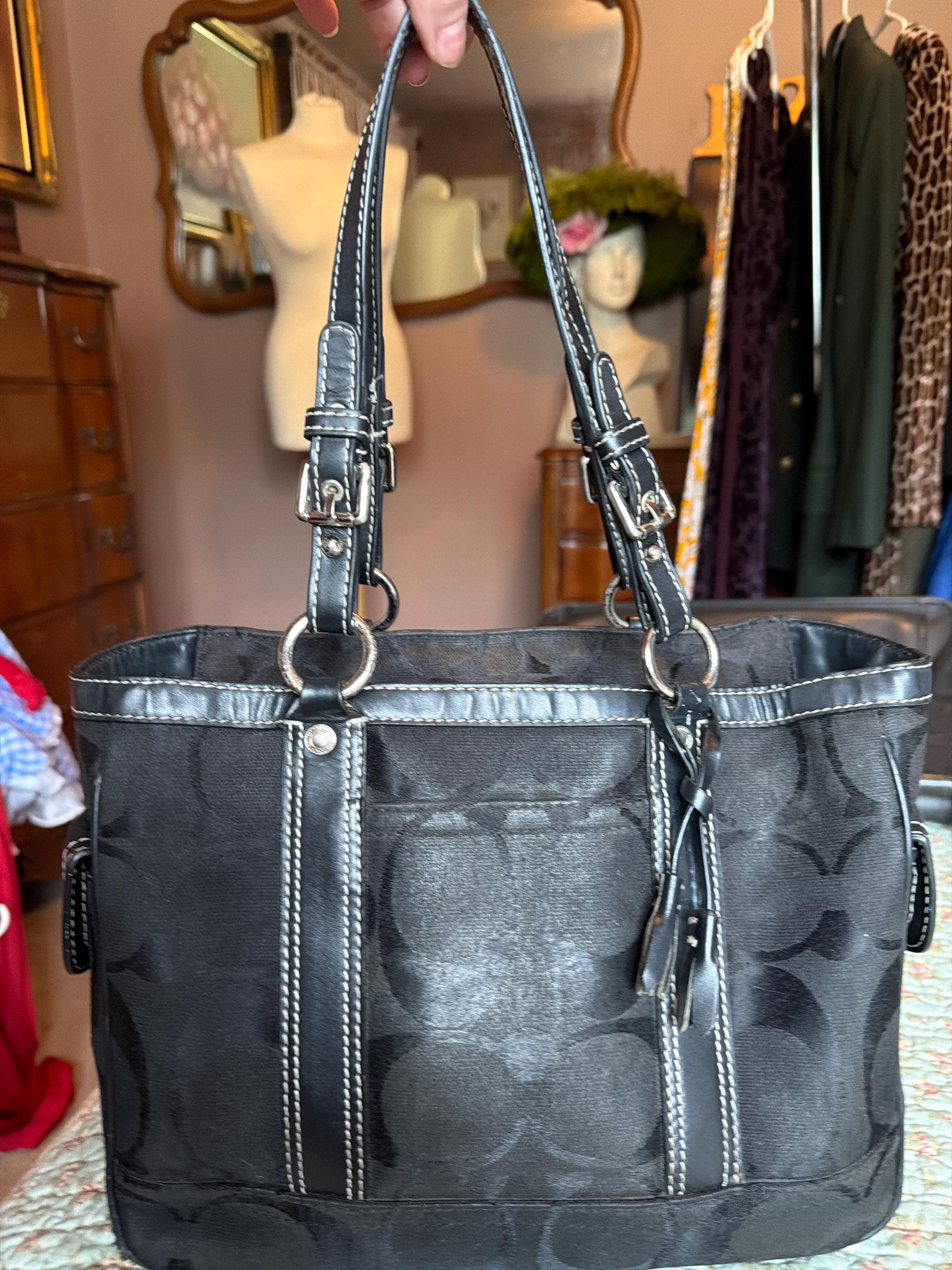 Vintage Y2k Coach Black Jacquard Monogram Tote Bag With Leather