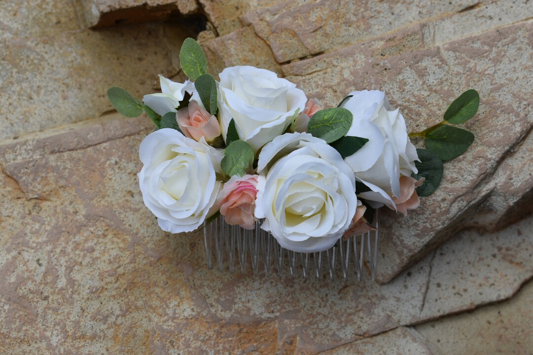 Hair Comb, White Silk Roses, Wedding Hair Comb, White Flower Comb