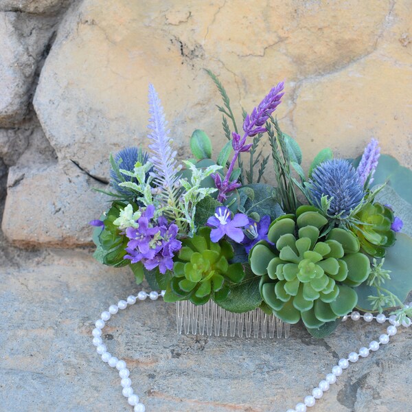 Succulent and lavender hair comb, Silk ,  XL flower comb, Bridal hair comb, silk flower hair comb, Flower Girl Hair Comb, Ready to Ship