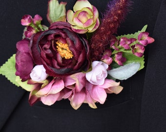 Burgundy Pocket boutonniere, Grooms Boutonniere, Lapel Boutonniere, Grooms Men Boutonniere