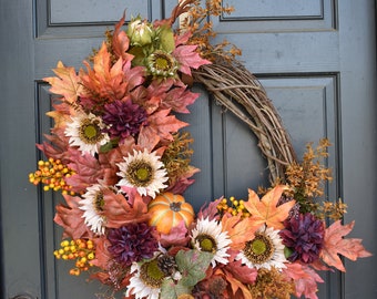 Door Wreath, Everyday Wreath, Fall Wreath, Autumn Wreath, Rust Wreath, Pumpkin wreath, , Front Door Wreath, Ready to ship