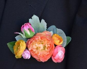 Pocket boutonniere, Grooms Boutonniere, Lapel Boutonniere, Grooms Men Boutonniere; Coral Pocket Bout