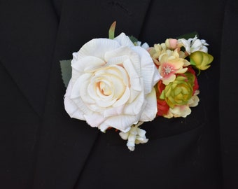 SILK Pocket boutonniere, Grooms Boutonniere, Lapel Boutonniere, Grooms Men Boutonniere, Ready to ship, Wedding Flowers, Pocket Boutonniere,